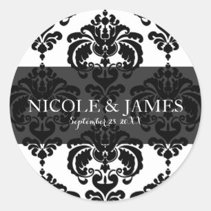 Sticker Rond Cadeau de mariage vintage damassé noir et blanc