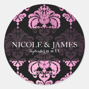 Sticker Rond Cadeau de mariage vintage damassé noir rose