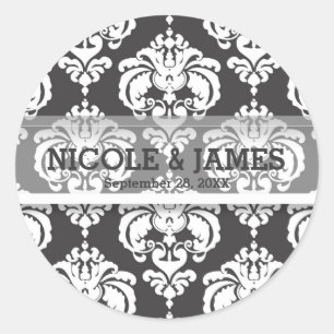 Sticker Rond Cadeau de mariage vintage en damassé gris et blanc