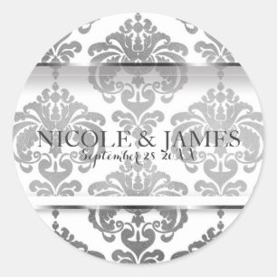 Sticker Rond Cadeau de mariage vintage glamour en damas argenté