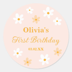 Sticker Rond Cadeau de naissance Fleur de marguerite rose jaune