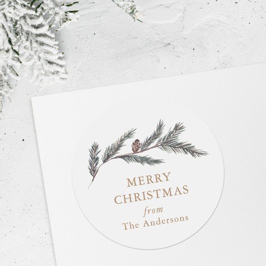 Sticker Rond Cadeau de Noël branche de pin aquarelle