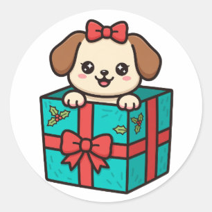 Sticker Rond Cadeau de Noël Chiot Présent