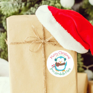 Sticker Rond Cadeau de Noël de pingouin personnalisé de
