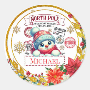 Sticker Rond Cadeau de Noël personnalisé Bonhomme de neige Pôle