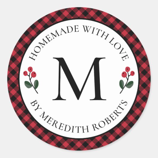 Sticker Rond Cadeau de Noël Rouge Buffalo Plaid Monogramme (Devant)