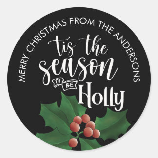 Sticker Rond Cadeau de Noël Watercolor Black Holly et Baies