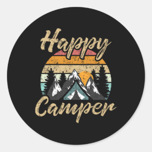 Sticker Rond Cadeau drôle de campeur heureux pour amateur de ca