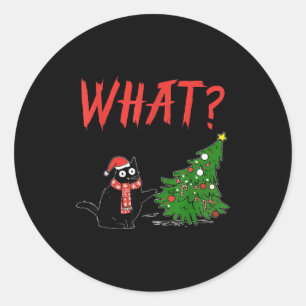 Sticker Rond Cadeau drôle de chat noir poussant l'arbre de Noël