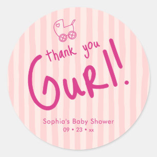 Sticker Rond Cadeau Fille Rayure Rose Fille Baby Shower
