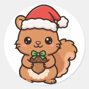 Sticker Rond Cadeau Gland Écureuil de Noël