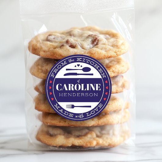 Sticker Rond Cadeau Gourmand Bleu Foncé Rouge et Blanc Fait ave