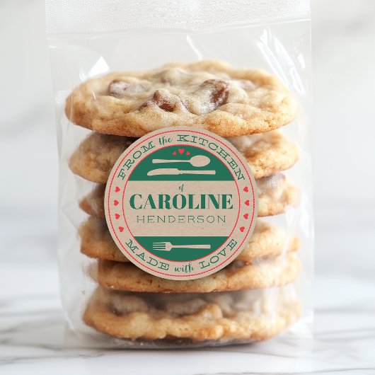 Sticker Rond Cadeau Gourmand Noël Vert et Rouge Fait avec Amour