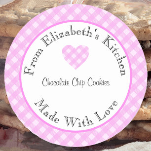 Sticker Rond Cadeau Maison Cuisiné Avec Amour Gingham Rose