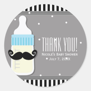 Sticker Rond Cadeau moderne moustache et bouteille pour Baby Sh