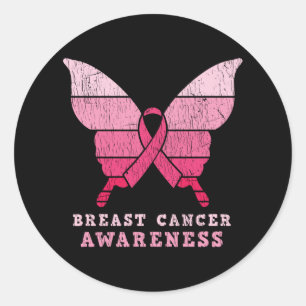 Sticker Rond Cadeau Papillon Ruban Rose Sensibilisation au Canc