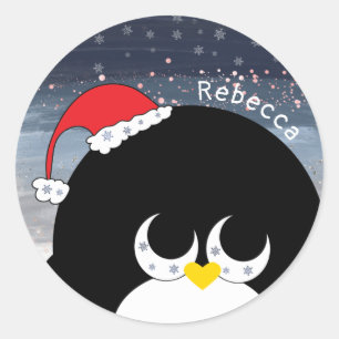 Sticker Rond Cadeau personnalisé de Noël Santa Pingouin Enfants