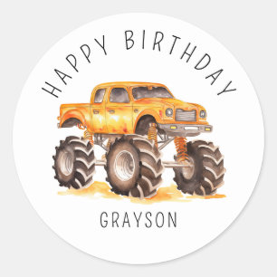 Sticker Rond Cadeau personnalisé Orange Monster Truck Anniversa