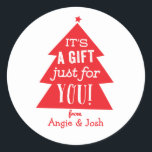 Sticker Rond Cadeau Red Christmas Tree<br><div class="desc">Un petit sapin rouge de Noël envoie un message joyeux sur cet autocollant cadeau de vacances moderne avec un texte de nom personnalisé.</div>