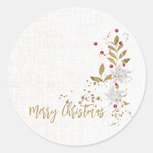 Sticker Rond Cadeau traditionnel blanc poinsettia et baies (Devant)
