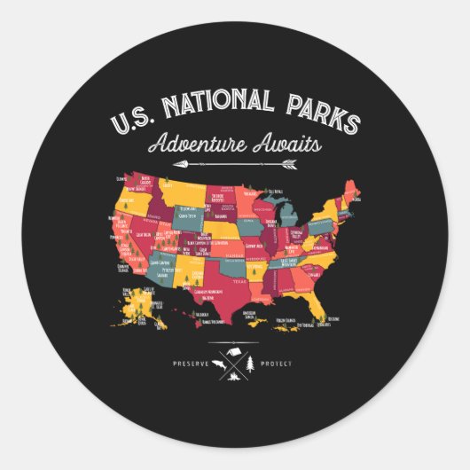 Sticker Rond Cadeaux de carte des 62 parcs nationaux Parc améri (Devant)