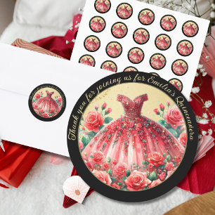 Sticker Rond Cadeaux de Merci Robe Rouge Noir Quinceañera