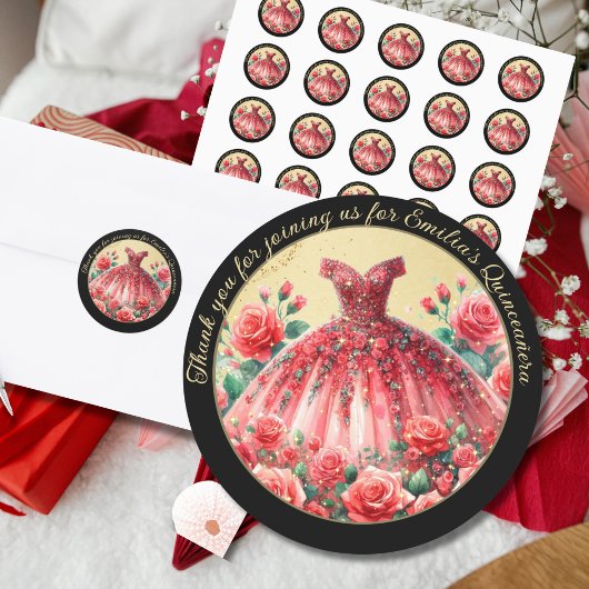 Sticker Rond Cadeaux de Merci Robe Rouge Noir Quinceañera