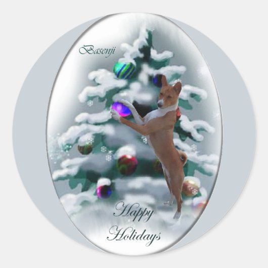 Sticker Rond Cadeaux de Noël Basenji (Devant)