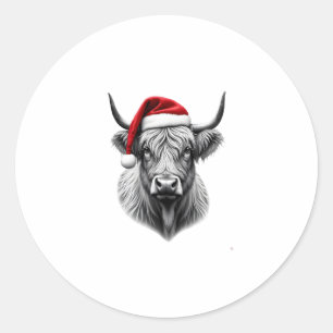 Sticker Rond Cadeaux de Noël Bébé Vache Highland Mignons Santa