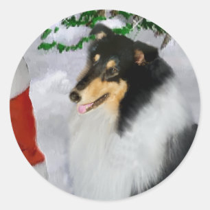 Sticker Rond Cadeaux de Noël Collie Rosée Tri-Color