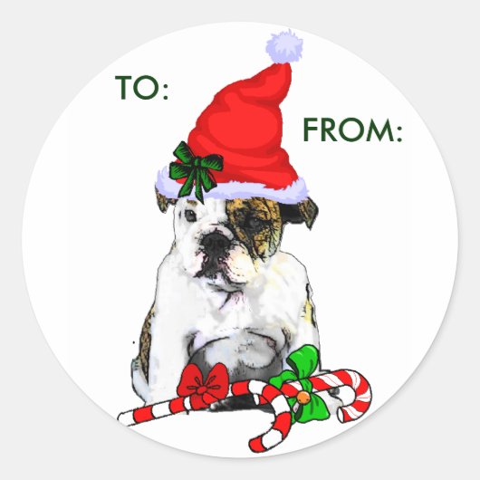 Sticker Rond Cadeaux de Noël de Bulldog anglais (Devant)