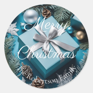Sticker Rond Cadeaux de Noël Luxe Argent et Bleu Glacé