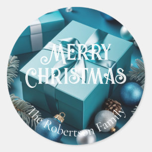 Sticker Rond Cadeaux de Noël Luxe Turquoise Bleu Vert Argent