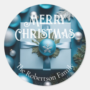 Sticker Rond Cadeaux de Noël Luxueux Bleu Clair et Argent