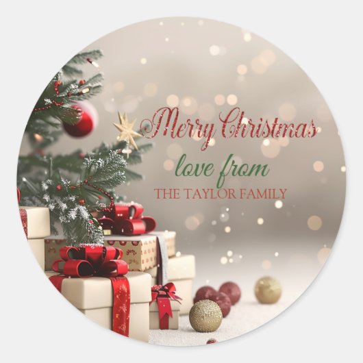 Sticker Rond Cadeaux de sapin de Noël Bokeh Joyeux Noël (Devant)