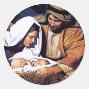 Sticker Rond Cadeaux de scène de nativité pour Noël