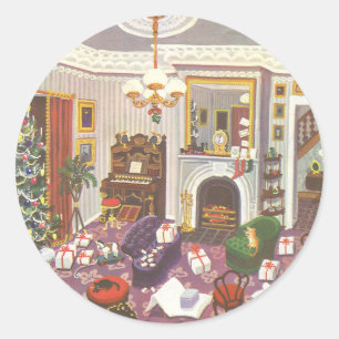 Sticker Rond Cadeaux d'emballage de Noël vintage dans le salon