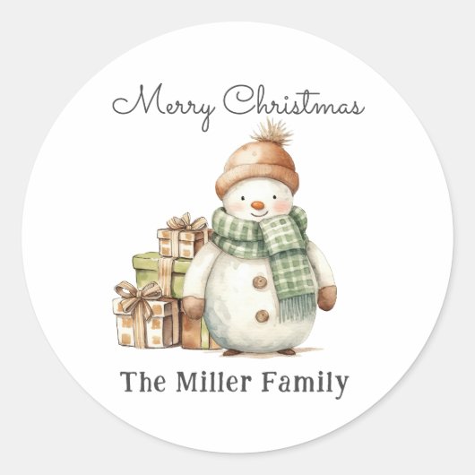 Sticker Rond Cadeaux personnalisés Snowman & Noël (Devant)