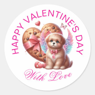 Sticker Rond Cadeaux Saint-Valentin - Chiot adorable à la sauce