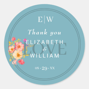 Sticker Rond Cadre avec Rose, style Mariage sur bleu rétro