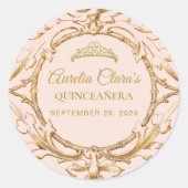 Sticker Rond Cadre classique en or rose pâle Quinceanera (Devant)
