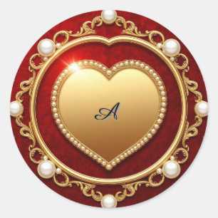 Sticker Rond Cadre de cœur en or luxueux orné de perles