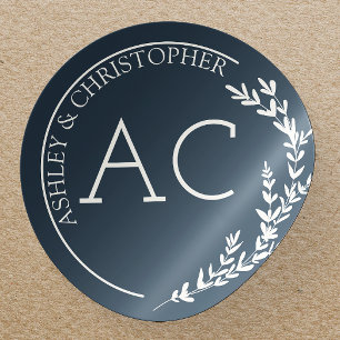 Sticker Rond Cadre de feuillage moderne Mariage bleu marine