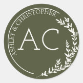 Sticker Rond Cadre de feuillage moderne Mariage vert olive (Devant)