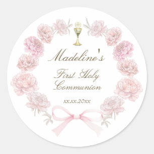 Sticker Rond cadre de la première communion délicate pivoines