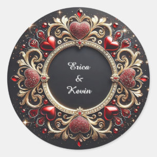 Sticker Rond Cadre de mariage doré luxueux avec des cœurs rouge