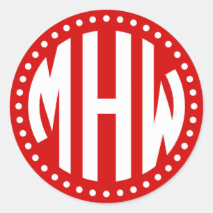 Sticker Rond Cadre de points avec monogramme en cercle rouge et