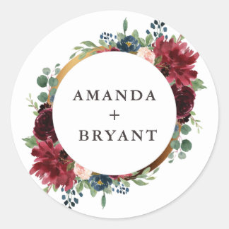 Sticker Rond Cadre doré fleuri bordeaux