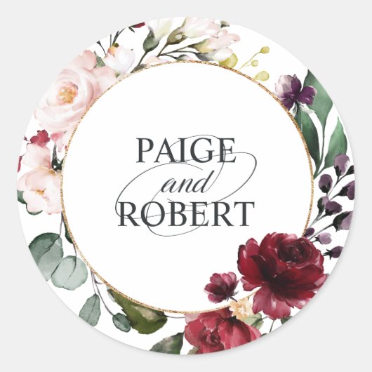 Sticker Rond Cadre floral en Bourgogne et or (Devant)