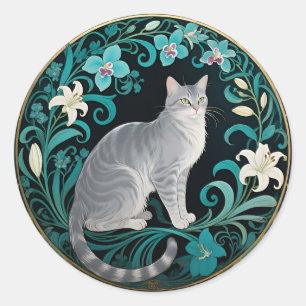 Sticker Rond Cadre floral orné chat gris